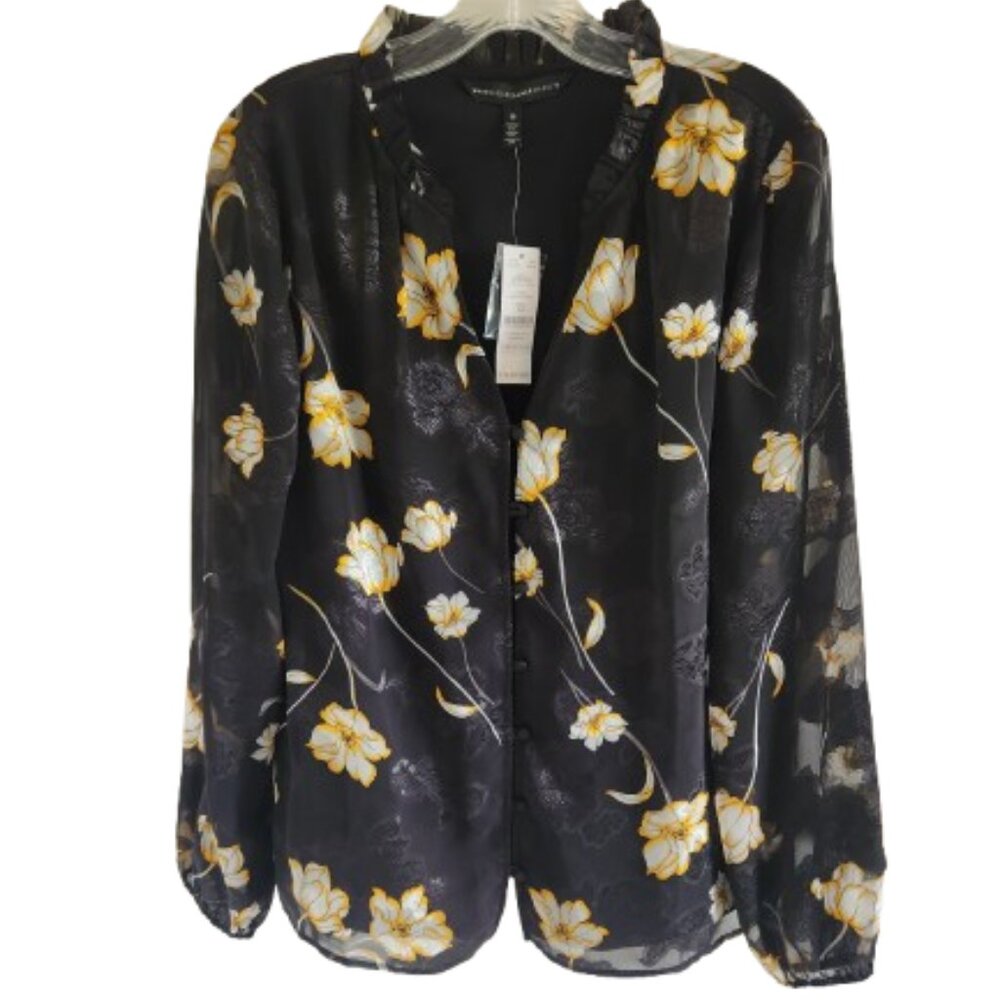 White House Black Market Top Blouse Black Yellow with Sheer Sleeve NWT Size 10